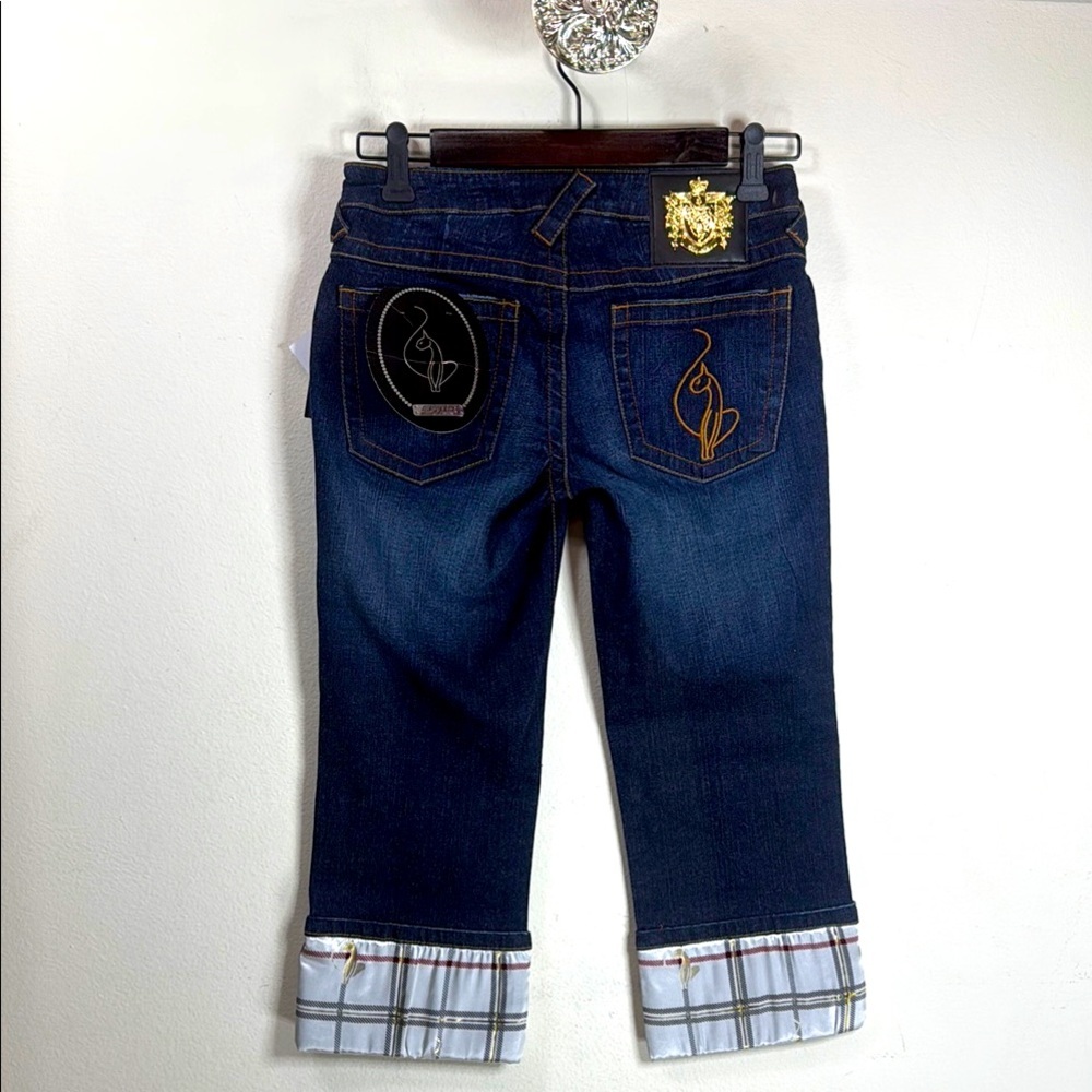 (Q5) Baby Phat vintage Stylish Dark Blue Denim Capris with Embroidered Pockets,3